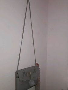 Grey Bow Detail Crossbody Bag with Pom Po