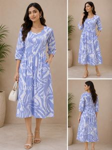 Blue & White Floral Print Midi Dress