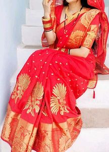 Elegant Red Saree with Gold Motifs