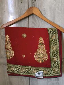 Embroidered Red Saree with Green Border