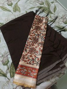 Dark Brown Saree with Floral Blouse Piece