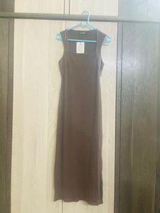 Brown Ribbed Bodycon Midi Dress