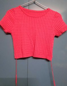 Rose Pink Cable Knit Cropped Top Tee with Strings