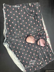 Cute Heart Print Denim Shorts