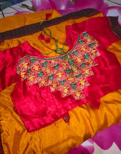 Vibrant Yellow &amp; Red Saree with Embellished Blouse
