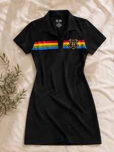 Stylish Black Polo Neck Dress with Rainbow Stripe