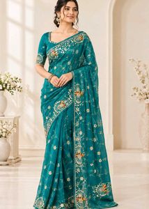 Exquisite Teal Peacock Embroidered Saree
