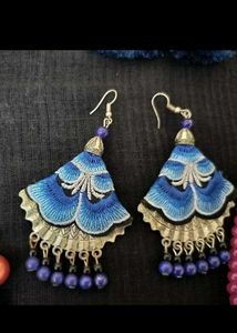 Blue Embroidered Tassel Earrings