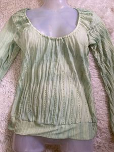 deep neck Green Textured Long Sleeve Top
