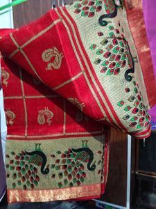 Red and Gold peacock printed saree 🦚❤️