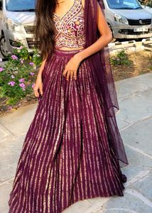wine color party wear lehnga