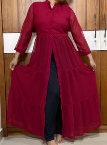 Maroon Semi-sheer Tiered Maxi dress