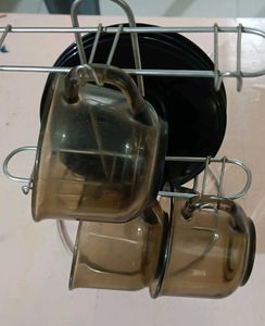 Set of 3 Smoked Glass Cups & Saucers with stand