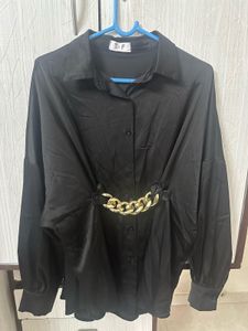 Chic Black Satin Shirt with Gold Chain Detail