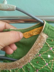 Green Embroidered Kurta with Pink Floral Print