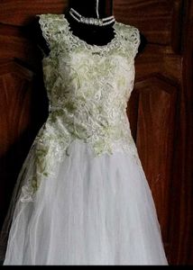 Elegant White &amp; Green Lace Dress