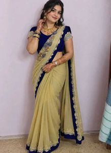 Elegant Beige Saree with Blue Border