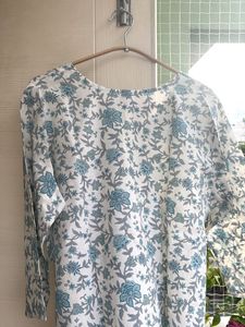 Blue Floral Print Cotton Kurta