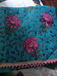 Beautiful Teal & Pink Floral Dress Material