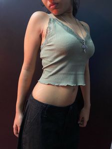 Ribbed Camisole Top with Lace Trim