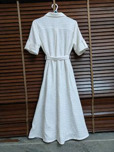 White Textured Waffle-Weave Belted Shirt Dress