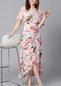 Floral Cold Shoulder high-low Maxi Dress