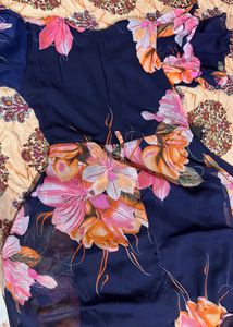 Navy Floral Print Gown with Embellished Belt