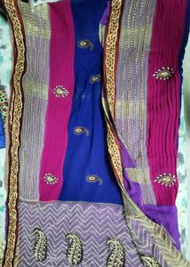 Beautiful Saree Blue Pink White Moti Work
