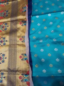 New/Unused Blue Saree with Gold Border