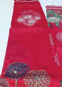 Red Floral Unstitched Cotton Dress Materia