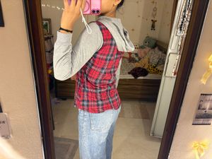Red Plaid Button-Up Shirt with Grey Sleeves