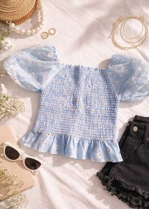 Cute Blue Floral Smocked Top