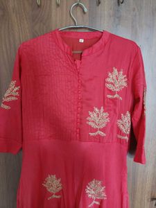 Coral Kurta with Gold Embroidery
