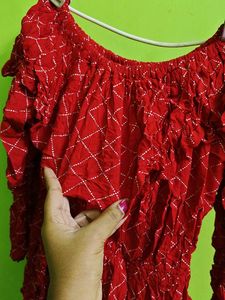 Red Off-Shoulder Bandhani Print Top