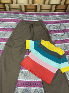 Brown Cargo Pants & Rainbow Knit Top Set