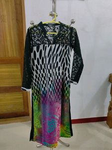Black Polka Dot Kurti With Colorful Designs At Bottom