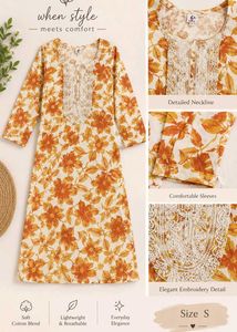 Floral Print Cotton Kurta with Elegant Embroidery