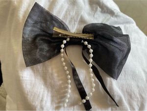 Black Organza Bow Hair Clip with Pearl Strings