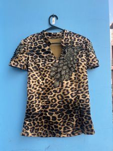Leopard Print Peacock Embellished Y2k Top