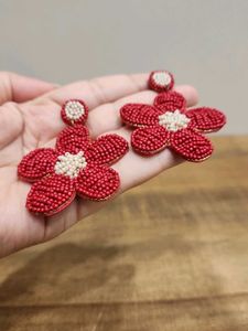 Red Beaded Flower Dangle Earrings