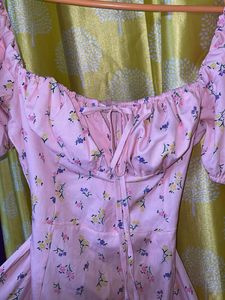 Pink Floral Corset Puff Sleeve Gown