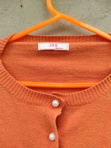 Orange Cropped Cardigan with Pearl Buttons