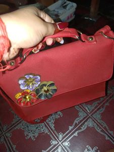 Chic Red Shoulder Bag with Flower Embellishments