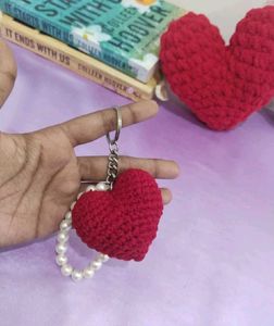 Crocheted Heart Keychain with Pearls