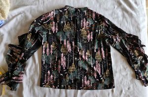 Unique Forest Print Ruffle Sleeve Top