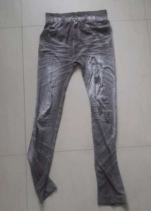 Stylish Distressed Grey Denim Look Leggings