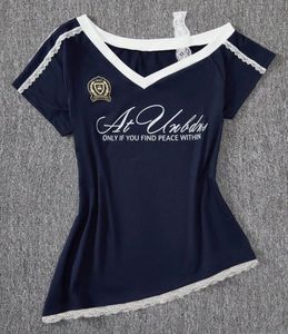 Navy Blue V-Neck Lace Trim Tee (S)