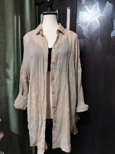 Beige Tie-Front Long Sleeve Shirt