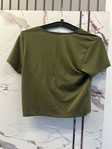 Olive Green Ribbed V-Neck Crop Top, Bust- 34