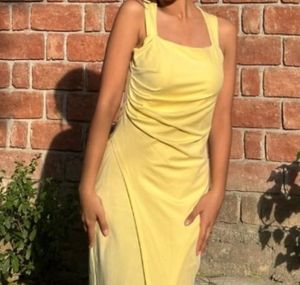 Elegant Yellow Ruched Midi Dress